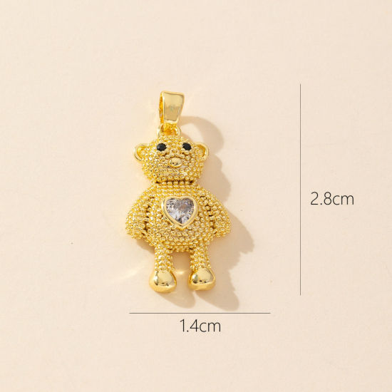 Bild von 1 Stück Messing Charm-Anhänger 18K Vergoldet Bär Micro Pave Klar Zirkonia 28mm x 14mm