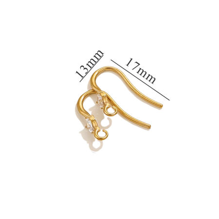 Picture of 4 PCs Vacuum Plating 304 Stainless Steel Ear Wire Hooks Earrings For DIY Jewelry Making Accessories 18K Gold Plated Clear Rhinestone With Loop 14mm x 3.5mm, Post/ Wire Size: (20 gauge)