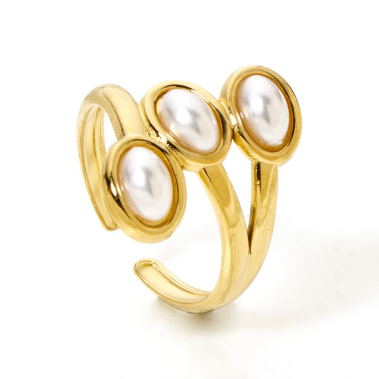 Picture of 1 Piece Eco-friendly Vacuum Plating 304 Stainless Steel Open Adjustable Rings 18K Gold Plated Oval Acrylic Imitation Pearl 17.3mm(US Size 7)