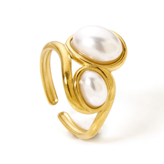 Picture of 1 Piece Eco-friendly Vacuum Plating 304 Stainless Steel Open Adjustable Rings 18K Gold Plated Oval Acrylic Imitation Pearl 16.9mm(US Size 6.5)