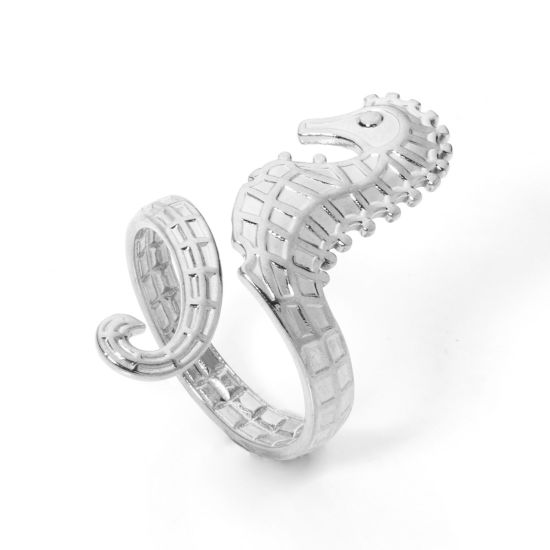 Image de 1 Piece Eco-friendly Vacuum Plating 304 Stainless Steel Ocean Jewelry Open Adjustable Rings Silver Tone Seahorse Animal 17.7mm(US Size 7.5)