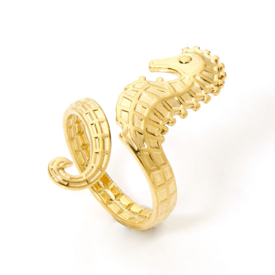 Image de 1 Piece Eco-friendly Vacuum Plating 304 Stainless Steel Ocean Jewelry Open Adjustable Rings 18K Gold Plated Seahorse Animal 17.7mm(US Size 7.5)