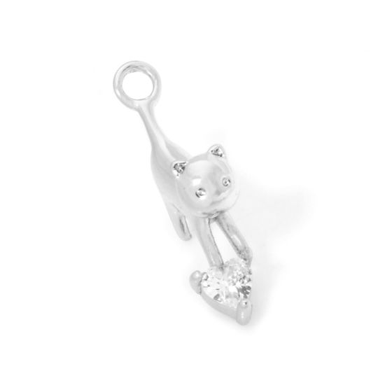 Picture of 2 PCs Brass Charms Platinum Plated Cat Animal 3D Clear Cubic Zirconia 17.5mm x 9mm