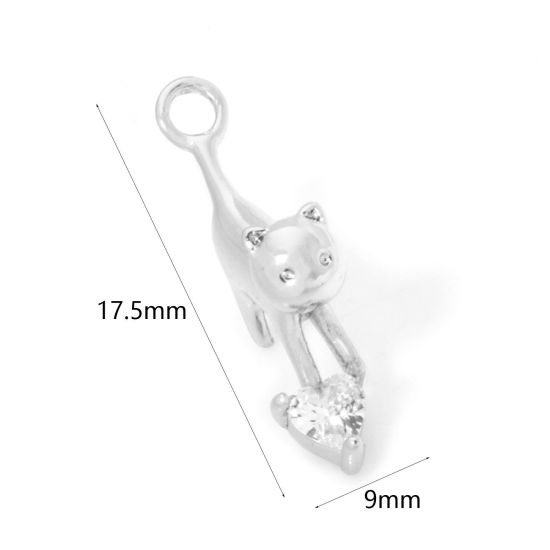 Picture of 2 PCs Brass Charms Platinum Plated Cat Animal 3D Clear Cubic Zirconia 17.5mm x 9mm