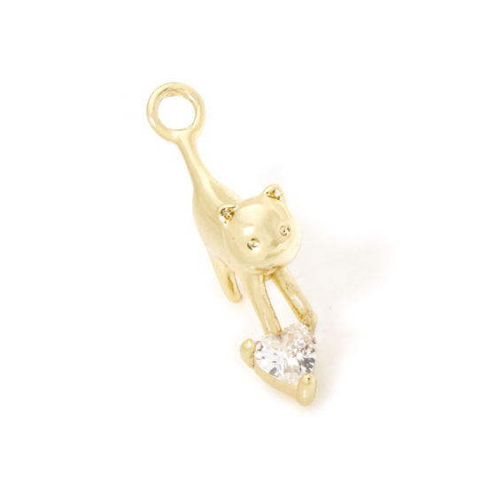 Picture of 2 PCs Brass Charms 18K Gold Plated Cat Animal 3D Clear Cubic Zirconia 17.5mm x 9mm