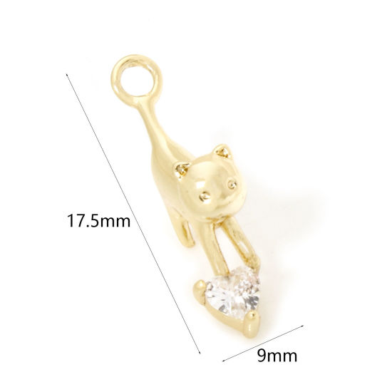 Picture of 2 PCs Brass Charms 18K Gold Plated Cat Animal 3D Clear Cubic Zirconia 17.5mm x 9mm