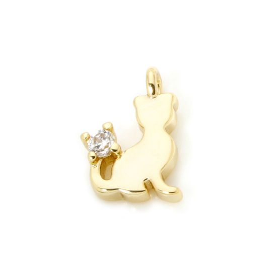 Picture of 2 PCs Brass Charms 18K Gold Plated Cat Animal Mini Clear Cubic Zirconia 10mm x 7mm