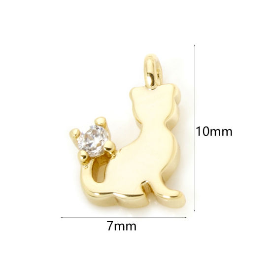 Picture of 2 PCs Brass Charms 18K Gold Plated Cat Animal Mini Clear Cubic Zirconia 10mm x 7mm