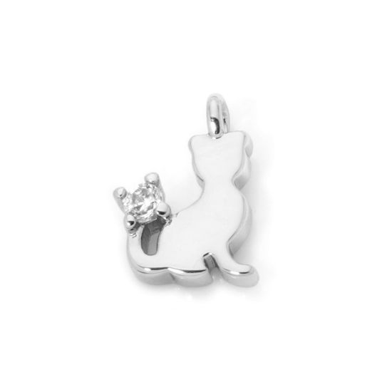 Picture of 2 PCs Brass Charms Platinum Plated Cat Animal Mini Clear Cubic Zirconia 10mm x 7mm