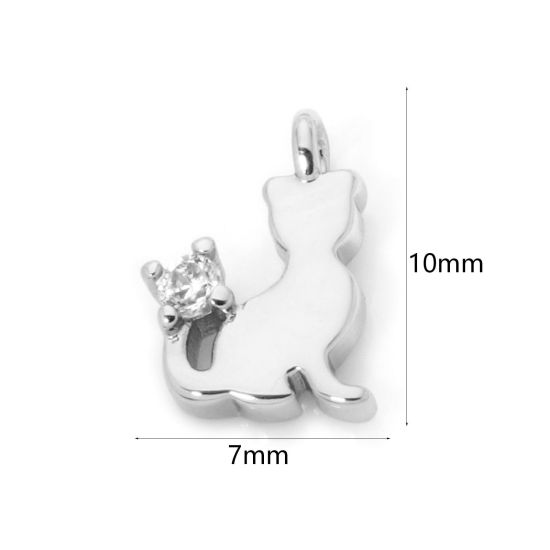 Picture of 2 PCs Brass Charms Platinum Plated Cat Animal Mini Clear Cubic Zirconia 10mm x 7mm