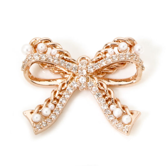 Picture of 1 Piece Brass Clothes Charms Rose Gold Bowknot Micro Pave Clear Cubic Zirconia 21mm x 17mm