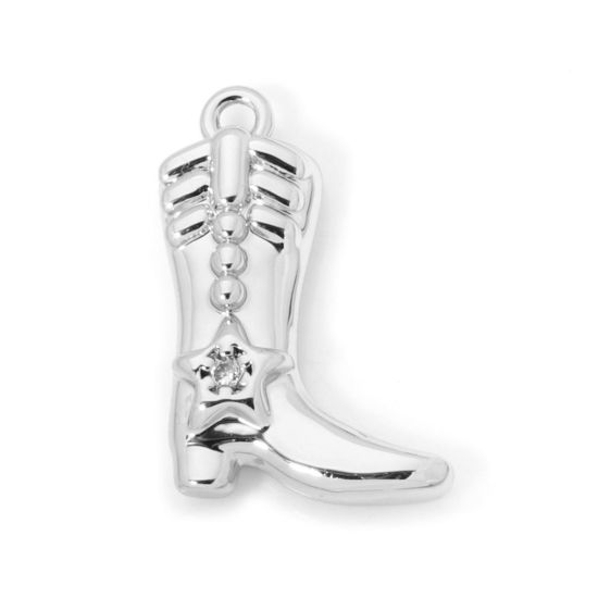 Picture of 2 PCs Brass West Cowboy Charms Platinum Plated Boots Clear Cubic Zirconia 17mm x 12mm