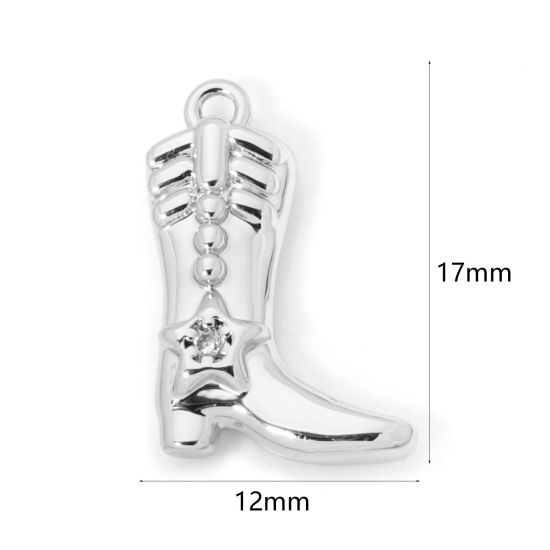 Picture of 2 PCs Brass West Cowboy Charms Platinum Plated Boots Clear Cubic Zirconia 17mm x 12mm