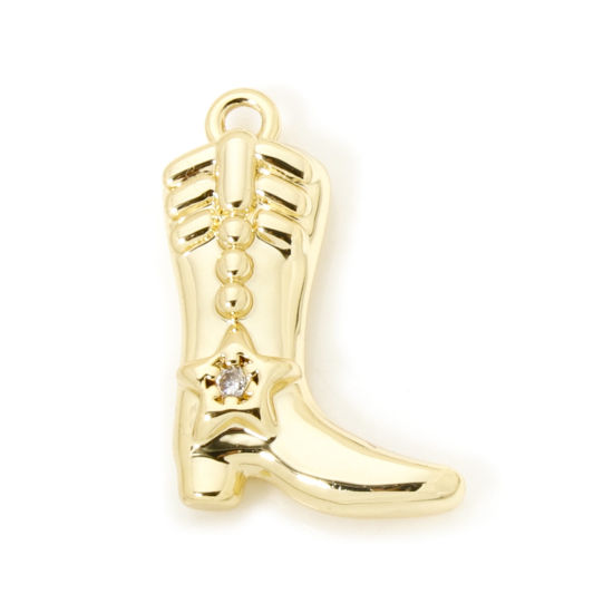 Picture of 2 PCs Brass West Cowboy Charms 18K Gold Plated Boots Clear Cubic Zirconia 17mm x 12mm