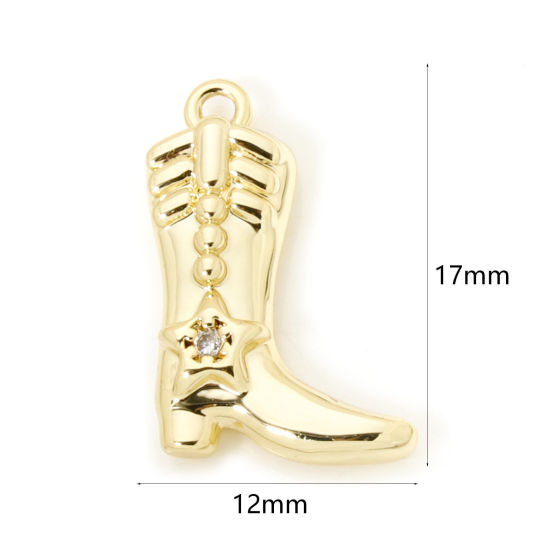 Picture of 2 PCs Brass West Cowboy Charms 18K Gold Plated Boots Clear Cubic Zirconia 17mm x 12mm