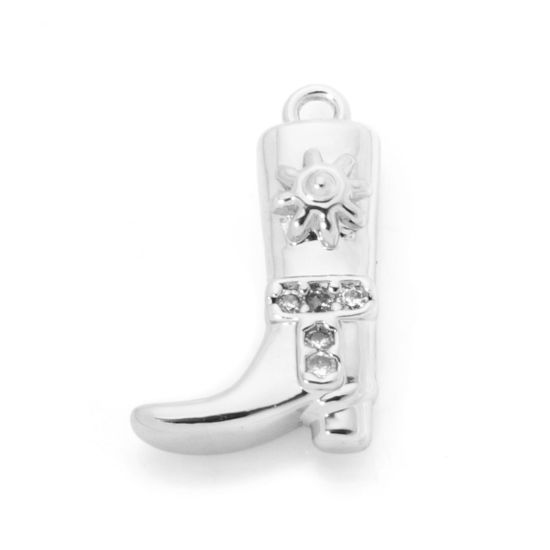 Picture of 2 PCs Brass West Cowboy Charms Platinum Plated Boots Clear Cubic Zirconia 17mm x 11mm