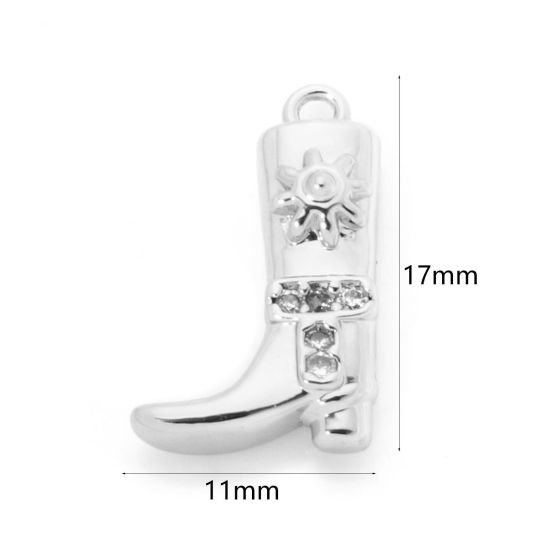 Picture of 2 PCs Brass West Cowboy Charms Platinum Plated Boots Clear Cubic Zirconia 17mm x 11mm