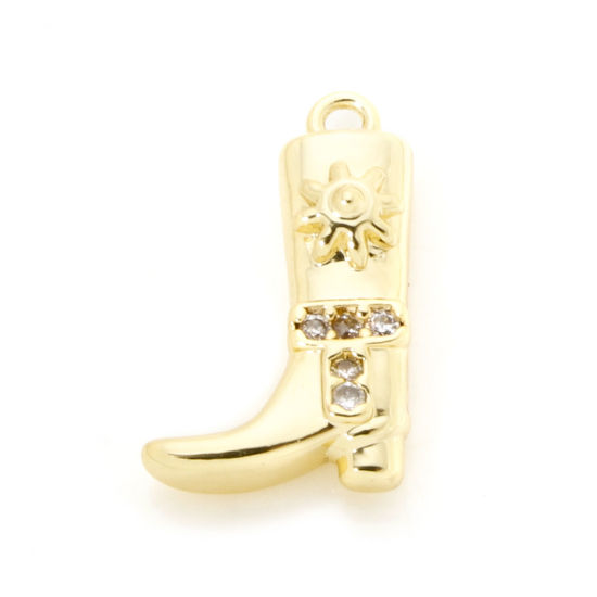 Picture of 2 PCs Brass West Cowboy Charms 18K Gold Plated Boots Clear Cubic Zirconia 17mm x 11mm