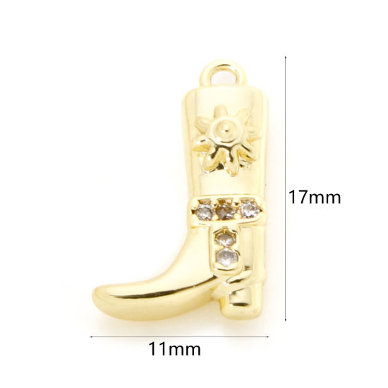 Picture of 2 PCs Brass West Cowboy Charms 18K Gold Plated Boots Clear Cubic Zirconia 17mm x 11mm