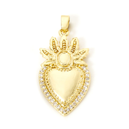 Picture of 2 PCs Brass Religious Pendants 18K Gold Plated Ex Voto Heart Micro Pave Clear Cubic Zirconia 3.2cm x 1.5cm