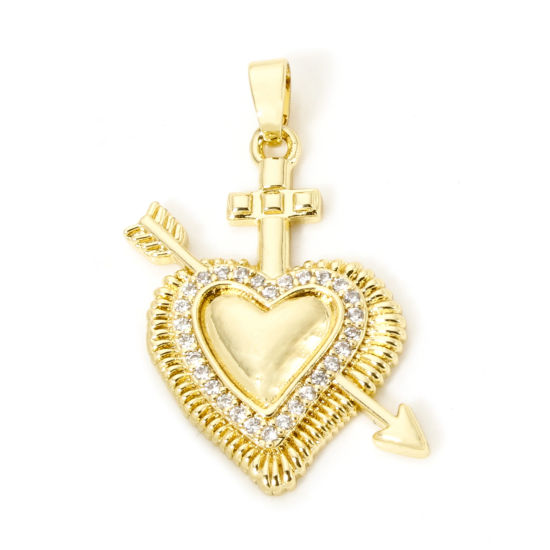 Picture of 2 PCs Brass Religious Pendants 18K Gold Plated Ex Voto Heart Micro Pave Clear Cubic Zirconia 3.1cm x 2cm