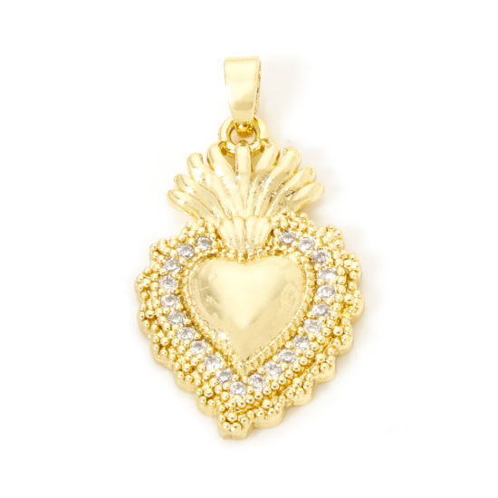 Picture of 2 PCs Brass Religious Pendants 18K Gold Plated Ex Voto Heart Micro Pave Clear Cubic Zirconia 3.1cm x 1.7cm