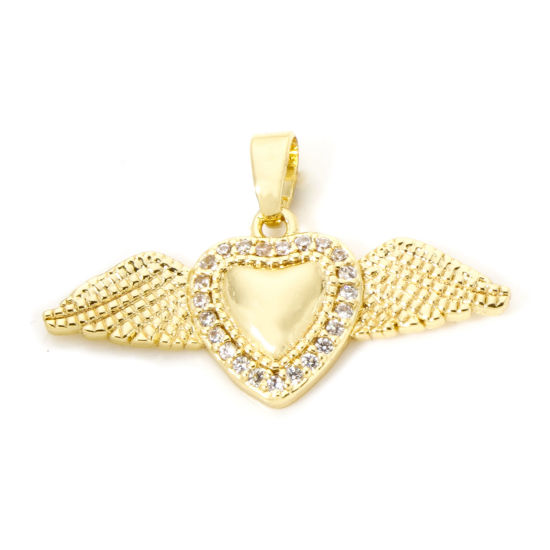 Picture of 2 PCs Brass Religious Charm Pendant 18K Gold Plated Ex Voto Heart Wing Micro Pave Clear Cubic Zirconia 28mm x 18mm