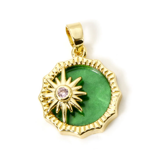 Picture of 2 PCs Brass Galaxy Charm Pendant 18K Gold Plated Green Sun Star With Resin Cabochons 21mm x 15mm