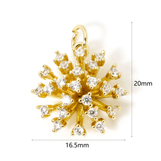 Picture of 1 Piece Brass Micro Pave Charms 18K Gold Plated Fireworks Clear Cubic Zirconia 20mm x 16.5mm