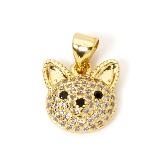 Picture of 1 Piece Brass Micro Pave Charm Pendant 18K Gold Plated Cat Animal Clear Cubic Zirconia 16mm x 12mm