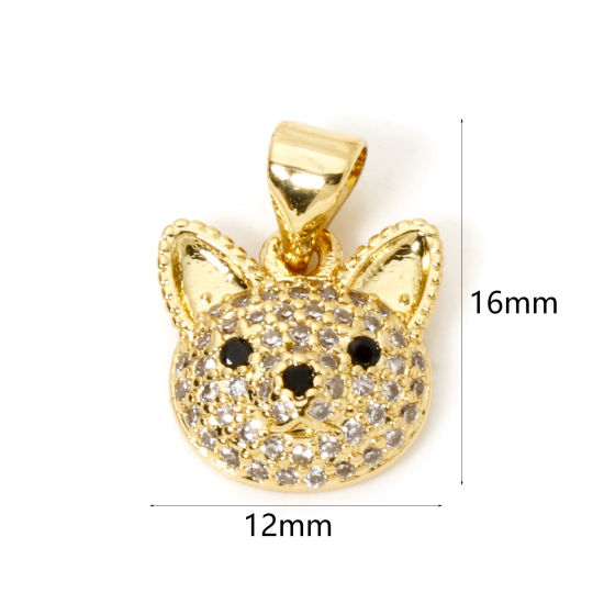 Picture of 1 Piece Brass Micro Pave Charm Pendant 18K Gold Plated Cat Animal Clear Cubic Zirconia 16mm x 12mm