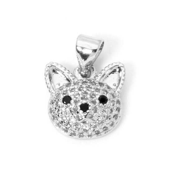 Picture of 1 Piece Brass Micro Pave Charm Pendant Platinum Plated Cat Animal Clear Cubic Zirconia 16mm x 12mm