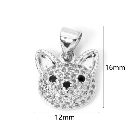 Picture of 1 Piece Brass Micro Pave Charm Pendant Platinum Plated Cat Animal Clear Cubic Zirconia 16mm x 12mm