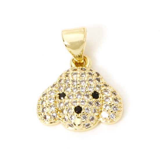 Picture of 1 Piece Brass Micro Pave Charm Pendant 18K Gold Plated Dog Animal Clear Cubic Zirconia 17mm x 13mm