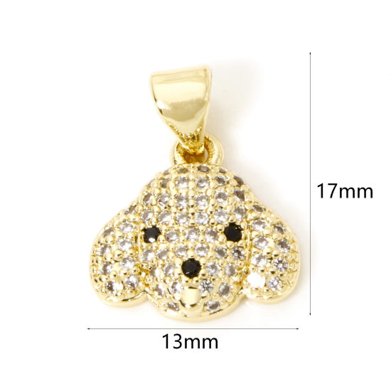 Picture of 1 Piece Brass Micro Pave Charm Pendant 18K Gold Plated Dog Animal Clear Cubic Zirconia 17mm x 13mm