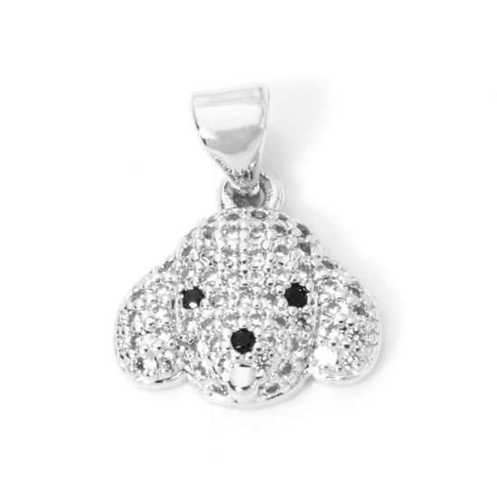 Picture of 1 Piece Brass Micro Pave Charm Pendant Platinum Plated Dog Animal Clear Cubic Zirconia 17mm x 13mm