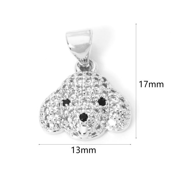 Picture of 1 Piece Brass Micro Pave Charm Pendant Platinum Plated Dog Animal Clear Cubic Zirconia 17mm x 13mm