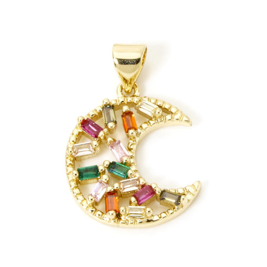 Bild von 1 Piece Brass Galaxy Charm Pendant 18K Gold Plated Half Moon Multicolour Cubic Zirconia 24mm x 16mm