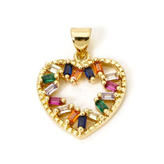 Bild von 1 Piece Brass Valentine's Day Charm Pendant 18K Gold Plated Heart Multicolour Cubic Zirconia 23mm x 17mm