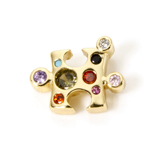 Bild von 1 Piece Brass Charms 18K Gold Plated Jigsaw Multicolour Cubic Zirconia 16mm x 14mm