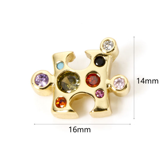 Bild von 1 Piece Brass Charms 18K Gold Plated Jigsaw Multicolour Cubic Zirconia 16mm x 14mm