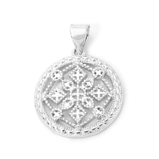 Image de 1 Pièce Pendentif Breloque Style Royal en Laiton Rond Plaqué Platine Fleurs Creuses 24mm x 17mm