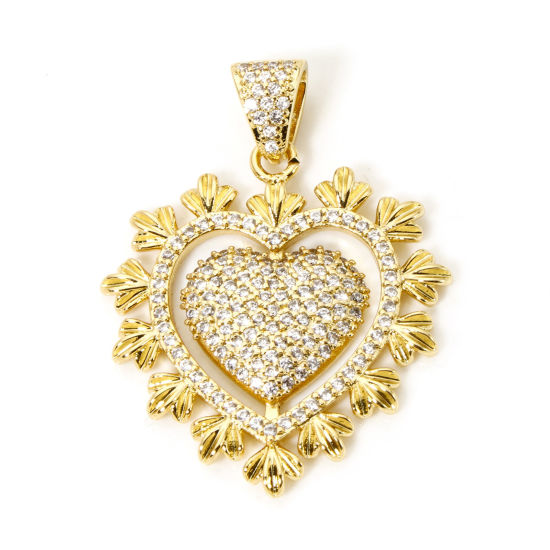 Picture of 1 Piece Brass Valentine's Day Pendants 18K Gold Plated Heart Micro Pave Clear Cubic Zirconia 3.7cm x 2.8cm