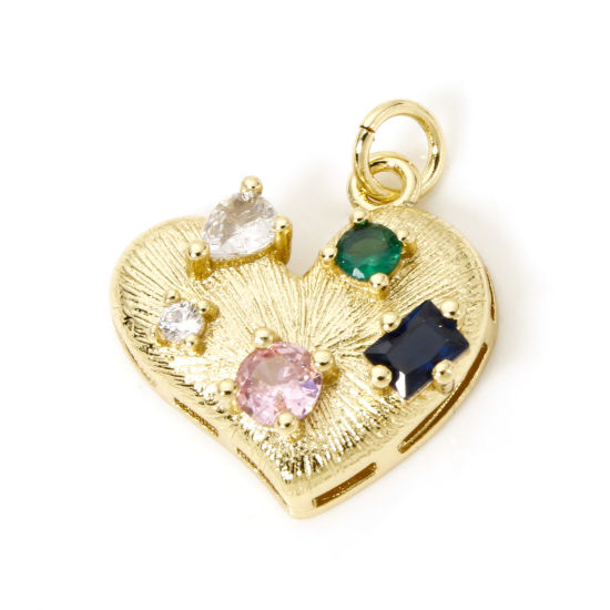 Picture of 1 Piece Brass Valentine's Day Charms 18K Gold Plated Heart Multicolour Cubic Zirconia 21mm x 18mm