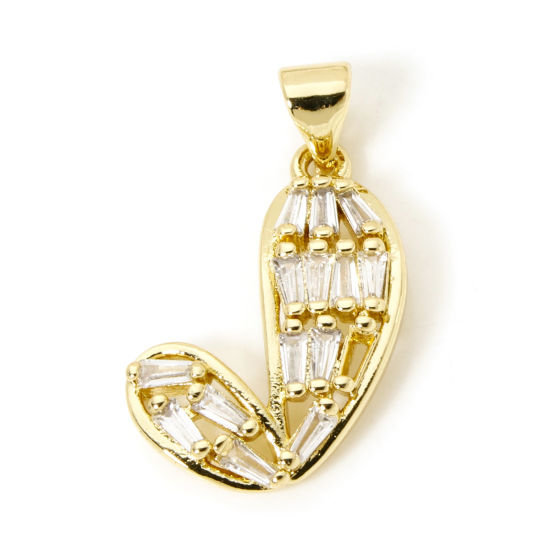 Picture of 1 Piece Brass Valentine's Day Charm Pendant 18K Gold Plated Heart Clear Cubic Zirconia 25mm x 15mm