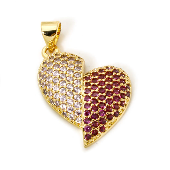 Picture of 1 Piece Brass Valentine's Day Charm Pendant 18K Gold Plated Heart Micro Pave Clear & Red Cubic Zirconia 26mm x 15mm