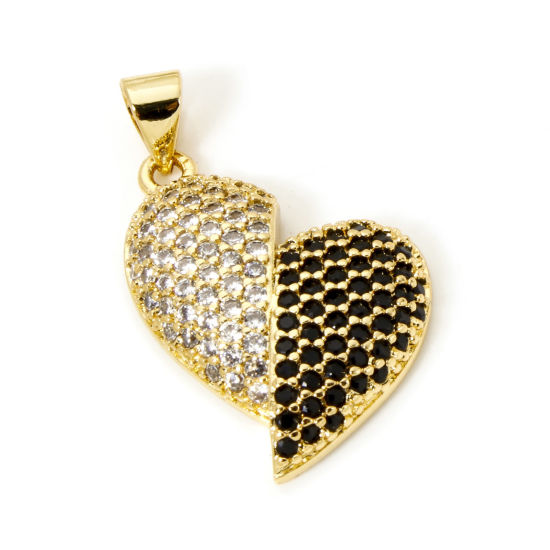 Picture of 1 Piece Brass Valentine's Day Charm Pendant 18K Gold Plated Heart Micro Pave Clear & Black Cubic Zirconia 26mm x 15mm