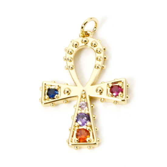 Picture of 1 Piece Brass Religious Charm Pendant 18K Gold Plated Ankh Egyptian Cross Multicolour Cubic Zirconia 3.2cm x 2cm