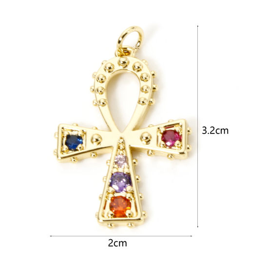 Picture of 1 Piece Brass Religious Charm Pendant 18K Gold Plated Ankh Egyptian Cross Multicolour Cubic Zirconia 3.2cm x 2cm