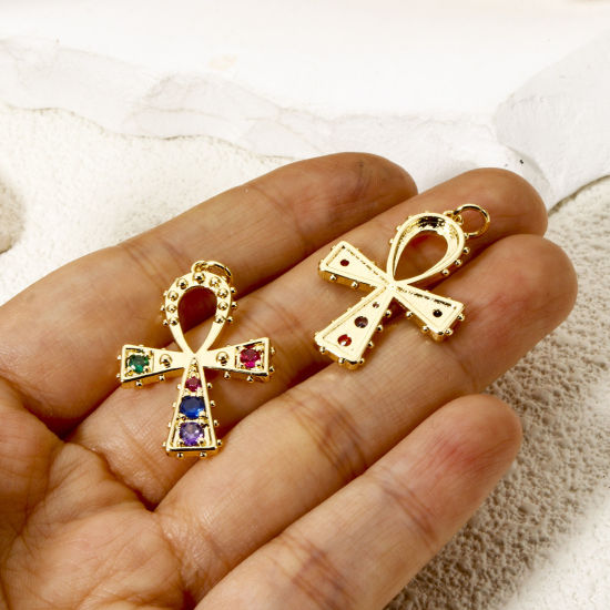 Picture of 1 Piece Brass Religious Charm Pendant 18K Gold Plated Ankh Egyptian Cross Multicolour Cubic Zirconia 3.2cm x 2cm